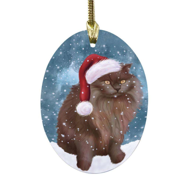 Let it Snow Christmas Holiday Tiffany Cat Oval Glass Christmas Ornament OGOR48753