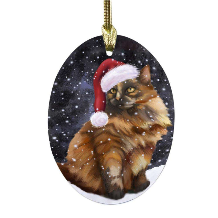 Let it Snow Christmas Holiday Tortoiseshell Cat Oval Glass Christmas Ornament OGOR48755