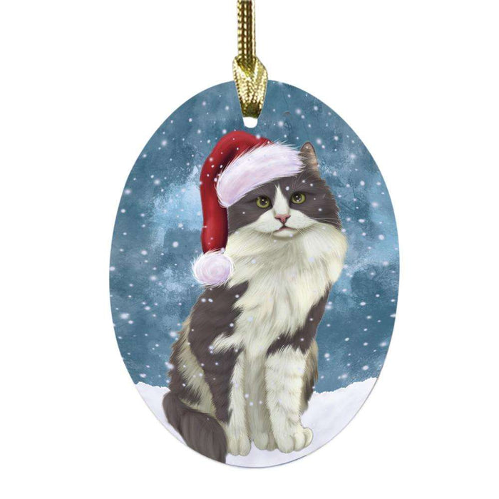 Let it Snow Christmas Holiday Turkish Angora Cat Oval Glass Christmas Ornament OGOR48756