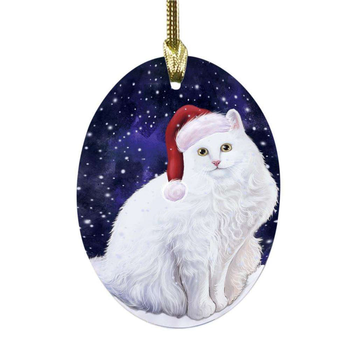 Let it Snow Christmas Holiday Turkish Angora Cat Oval Glass Christmas Ornament OGOR48757