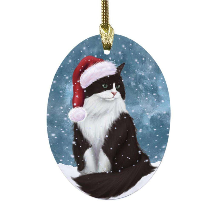 Let it Snow Christmas Holiday Tuxedo Cat Oval Glass Christmas Ornament OGOR48758
