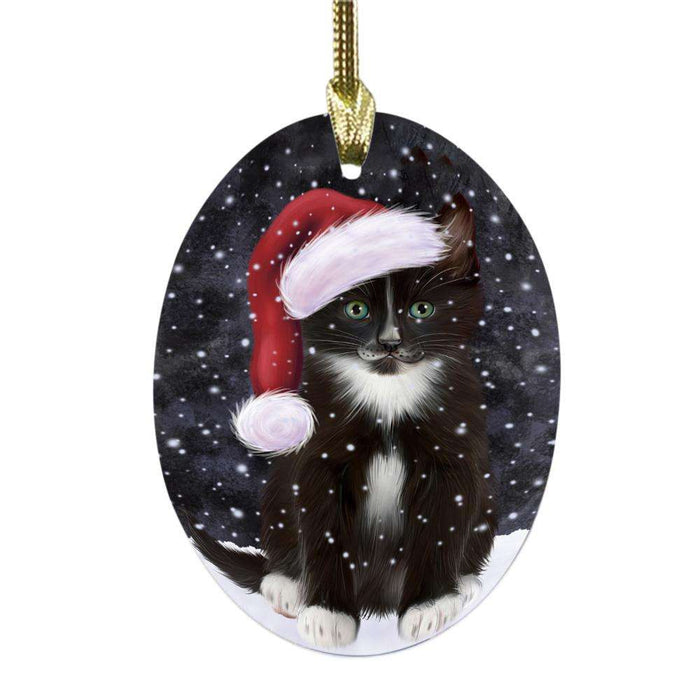 Let it Snow Christmas Holiday Tuxedo Cat Oval Glass Christmas Ornament OGOR48970