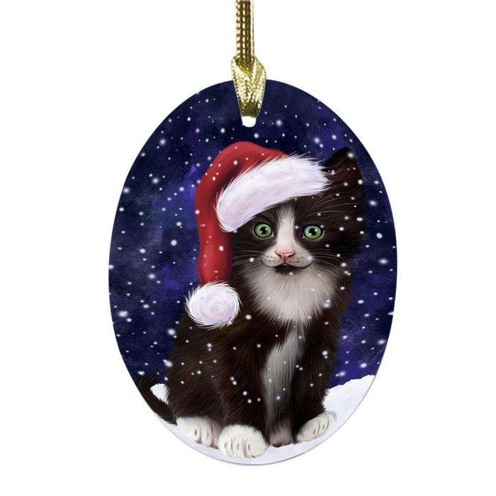 Let it Snow Christmas Holiday Tuxedo Cat Oval Glass Christmas Ornament OGOR48971