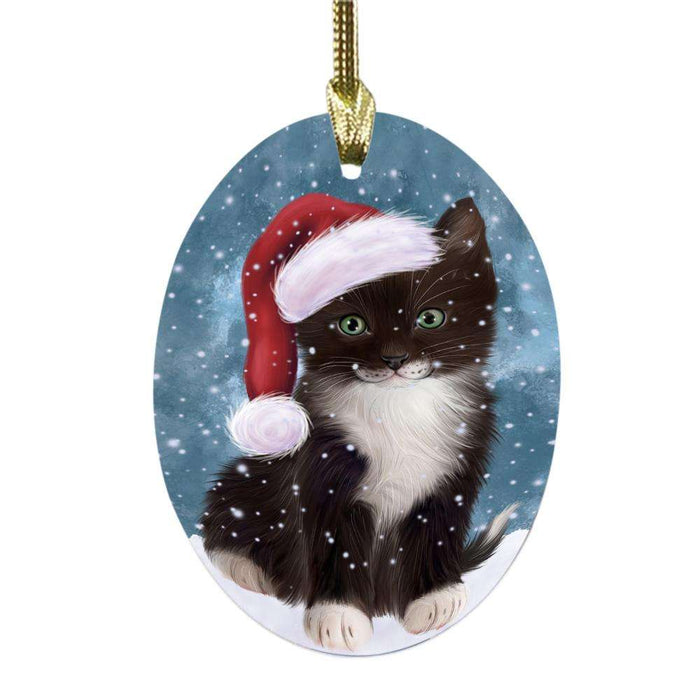Let it Snow Christmas Holiday Tuxedo Cat Oval Glass Christmas Ornament OGOR48972