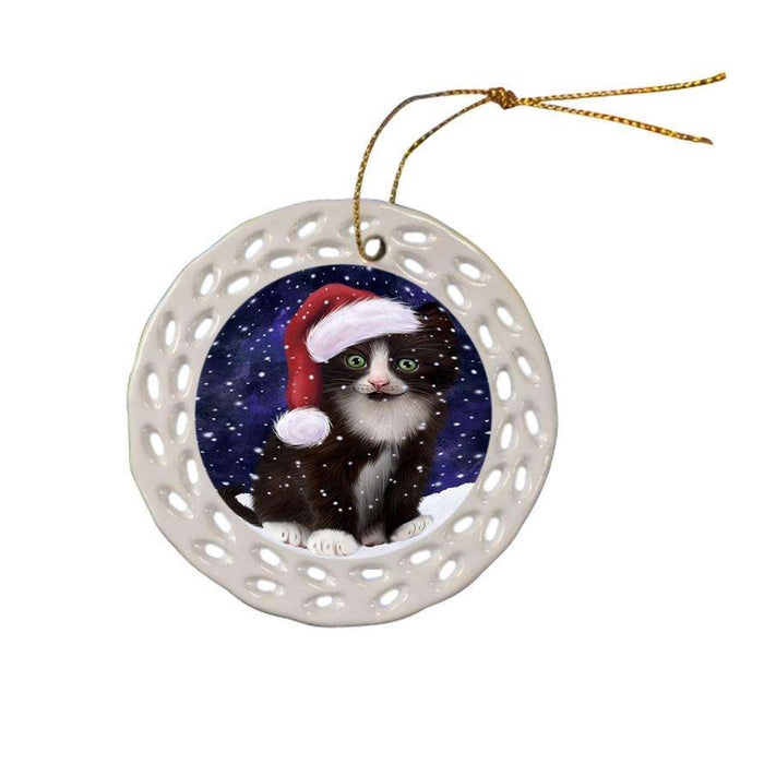 Let it Snow Christmas Holiday Tuxedo Cat Wearing Santa Hat Ceramic Doily Ornament DPOR54329