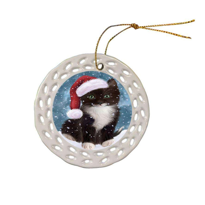Let it Snow Christmas Holiday Tuxedo Cat Wearing Santa Hat Ceramic Doily Ornament DPOR54330