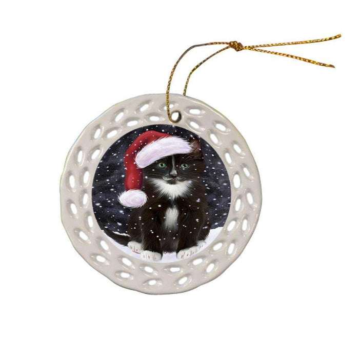Let it Snow Christmas Holiday Tuxedo Cat Wearing Santa Hat Ceramic Doily Ornament DPOR54331