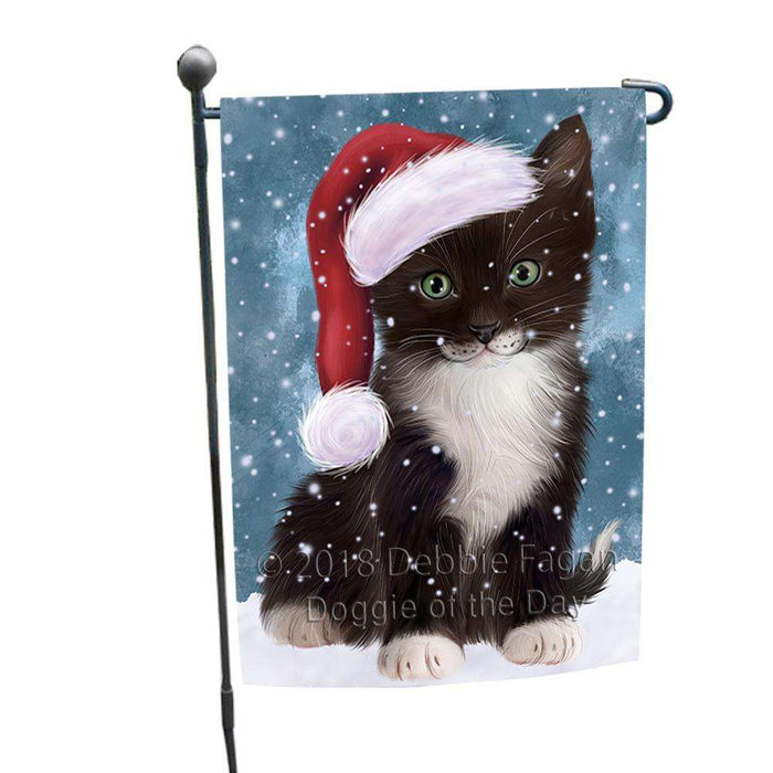 Let it Snow Christmas Holiday Tuxedo Cat Wearing Santa Hat Garden Flag GFLG54392