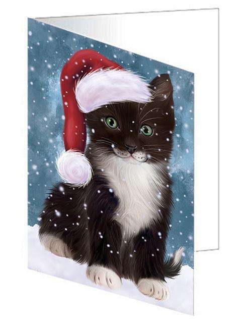 Let it Snow Christmas Holiday Tuxedo Cat Wearing Santa Hat Handmade Artwork Assorted Pets Greeting Cards and Note Cards with Envelopes for All Occasions and Holiday Seasons GCD67019
