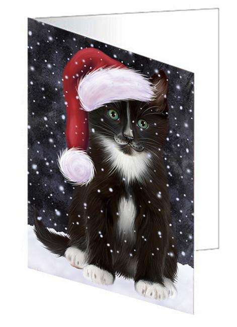Let it Snow Christmas Holiday Tuxedo Cat Wearing Santa Hat Handmade Artwork Assorted Pets Greeting Cards and Note Cards with Envelopes for All Occasions and Holiday Seasons GCD67022