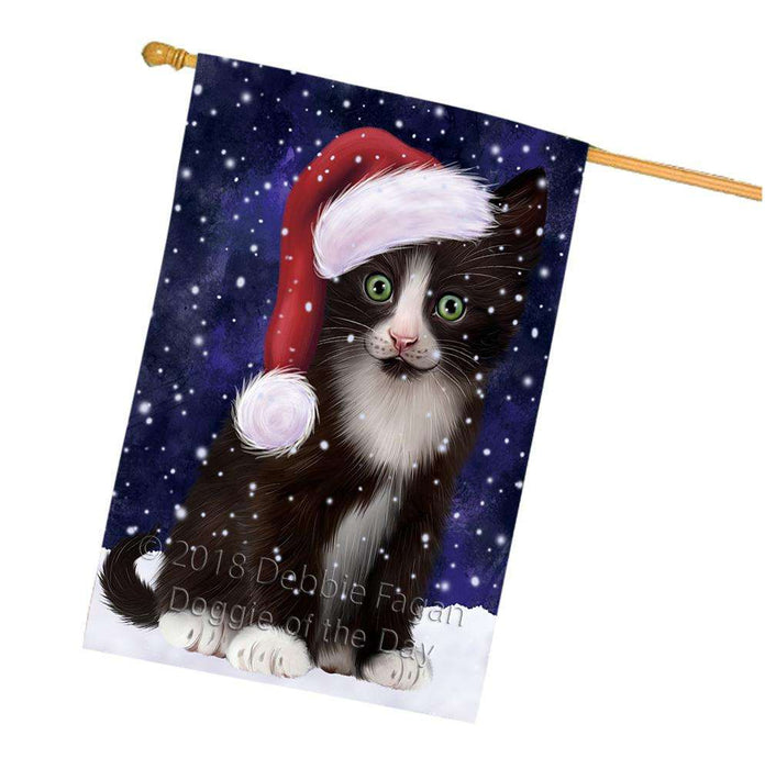 Let it Snow Christmas Holiday Tuxedo Cat Wearing Santa Hat House Flag FLG54527