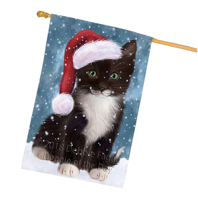 Let it Snow Christmas Holiday Tuxedo Cat Wearing Santa Hat House Flag FLG54528