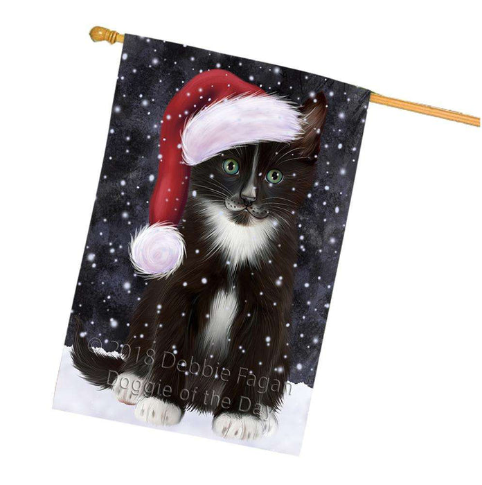 Let it Snow Christmas Holiday Tuxedo Cat Wearing Santa Hat House Flag FLG54529