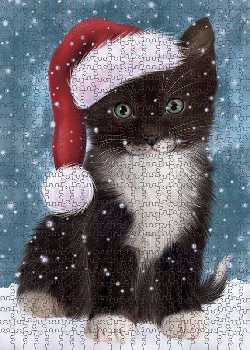 Let it Snow Christmas Holiday Tuxedo Cat Wearing Santa Hat Puzzle with Photo Tin PUZL84476