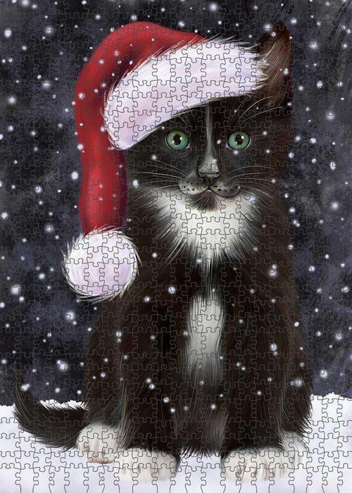 Let it Snow Christmas Holiday Tuxedo Cat Wearing Santa Hat Puzzle with Photo Tin PUZL84480