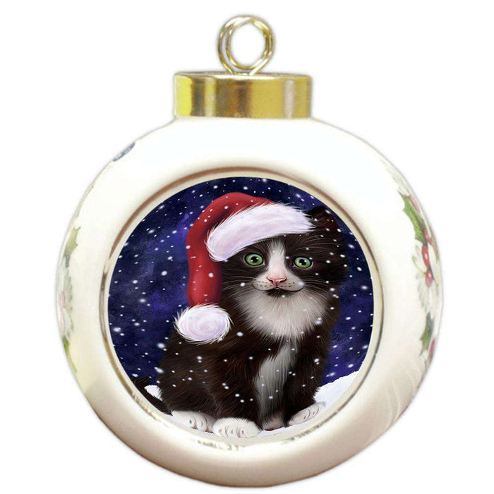 Let it Snow Christmas Holiday Tuxedo Cat Wearing Santa Hat Round Ball Christmas Ornament RBPOR54329