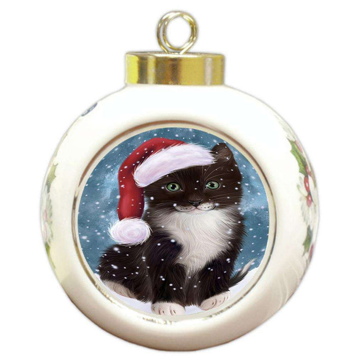 Let it Snow Christmas Holiday Tuxedo Cat Wearing Santa Hat Round Ball Christmas Ornament RBPOR54330