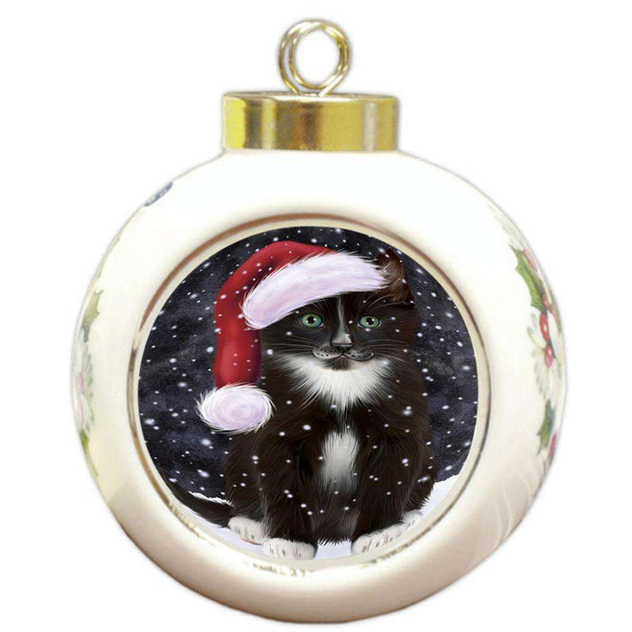 Let it Snow Christmas Holiday Tuxedo Cat Wearing Santa Hat Round Ball Christmas Ornament RBPOR54331