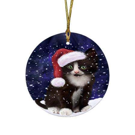 Let it Snow Christmas Holiday Tuxedo Cat Wearing Santa Hat Round Flat Christmas Ornament RFPOR54320