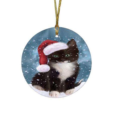 Let it Snow Christmas Holiday Tuxedo Cat Wearing Santa Hat Round Flat Christmas Ornament RFPOR54321