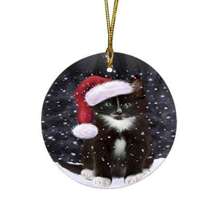 Let it Snow Christmas Holiday Tuxedo Cat Wearing Santa Hat Round Flat Christmas Ornament RFPOR54322