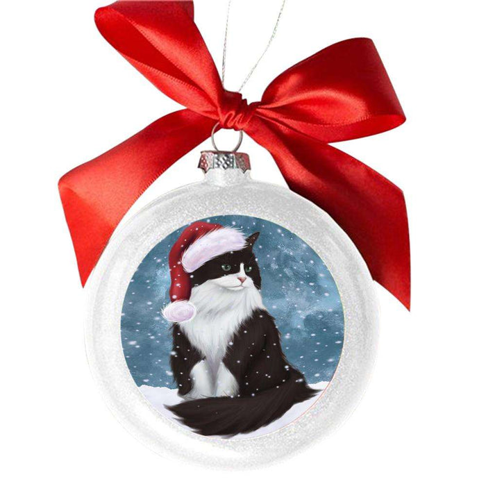 Let it Snow Christmas Holiday Tuxedo Cat White Round Ball Christmas Ornament WBSOR48758
