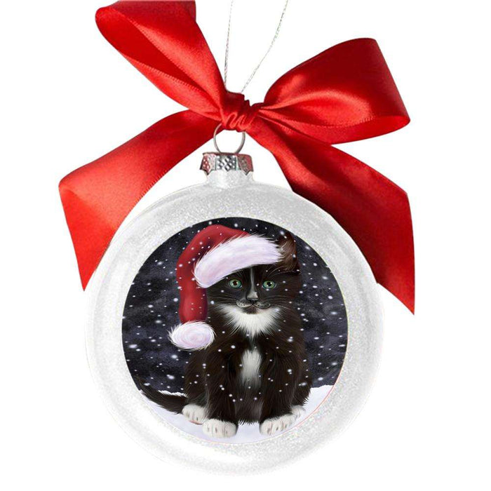 Let it Snow Christmas Holiday Tuxedo Cat White Round Ball Christmas Ornament WBSOR48970