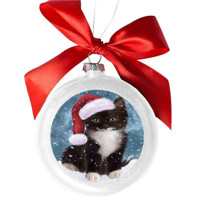 Let it Snow Christmas Holiday Tuxedo Cat White Round Ball Christmas Ornament WBSOR48972