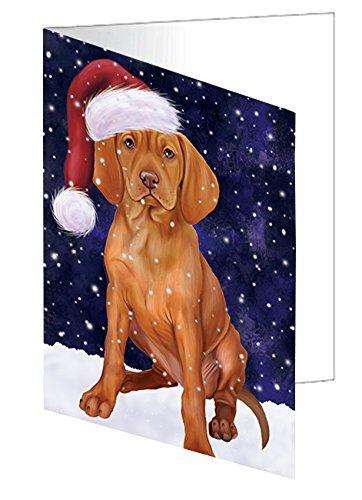 Let it Snow Christmas Holiday Vizsla Dog Wearing Santa Hat Handmade Artwork Assorted Pets Greeting Cards and Note Cards with Envelopes for All Occasions and Holiday Seasons