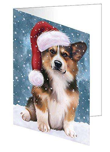 Let it Snow Christmas Holiday Welsh Corgi Dog Wearing Santa Hat Handmade Artwork Assorted Pets Greeting Cards and Note Cards with Envelopes for All Occasions and Holiday Seasons D351