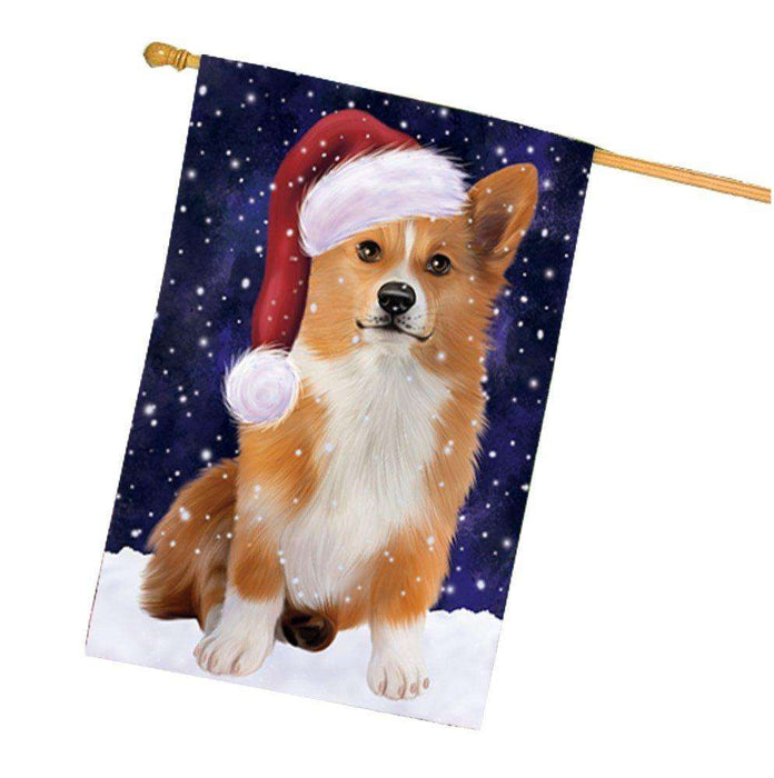 Let it Snow Christmas Holiday Welsh Corgi Dog Wearing Santa Hat House Flag