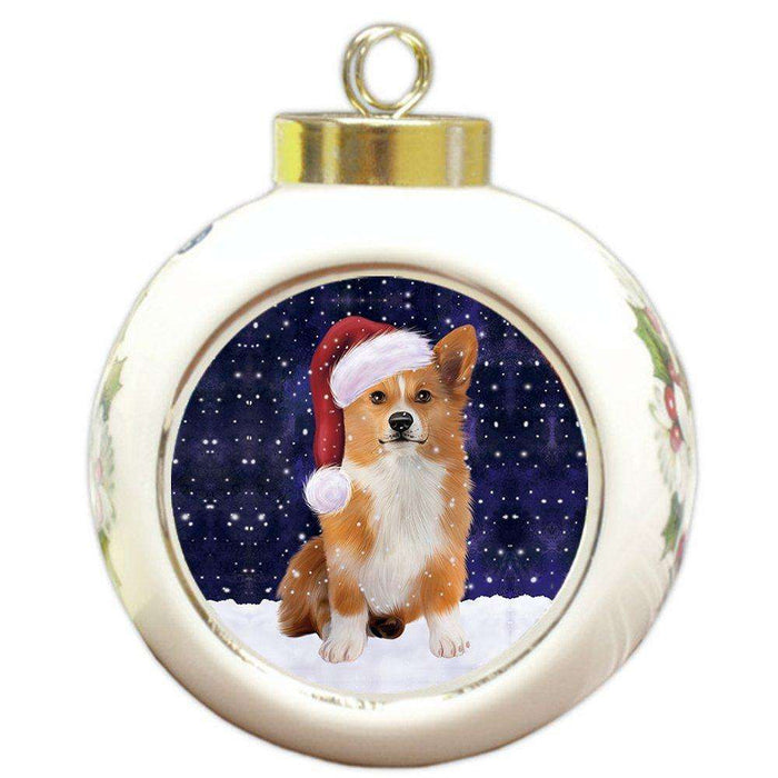 Let it Snow Christmas Holiday Welsh Corgi Dog Wearing Santa Hat Round Ball Ornament D244