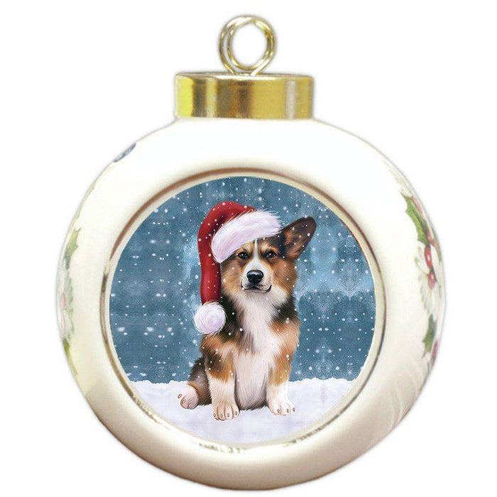Let it Snow Christmas Holiday Welsh Corgi Dog Wearing Santa Hat Round Ball Ornament D245