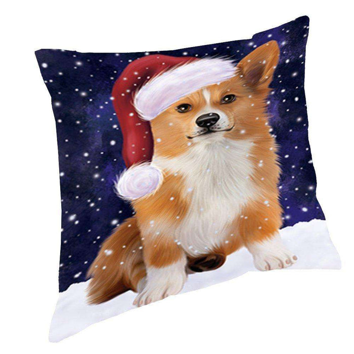 Let it Snow Christmas Holiday Welsh Corgi Dog Wearing Santa Hat Throw Pillow D402
