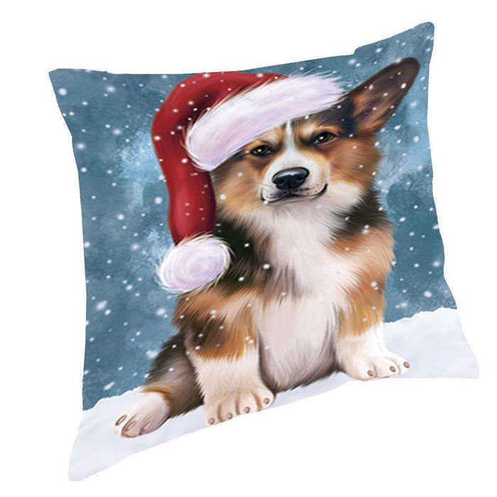 Let it Snow Christmas Holiday Welsh Corgi Dog Wearing Santa Hat Throw Pillow D403