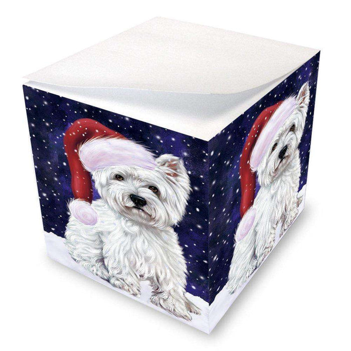 Let it Snow Christmas Holiday West Highland Terriers Dog Wearing Santa Hat Note Cube D372
