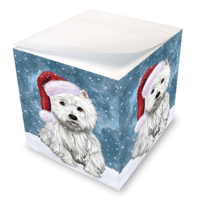 Let it Snow Christmas Holiday West Highland Terriers Dog Wearing Santa Hat Note Cube D373