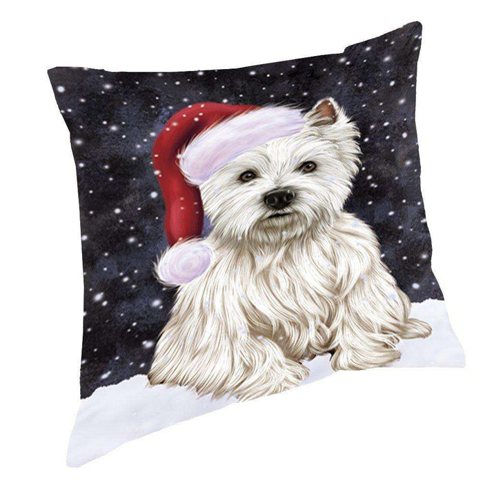 Let it Snow Christmas Holiday West Highland Terriers Dog Wearing Santa Hat Throw Pillow