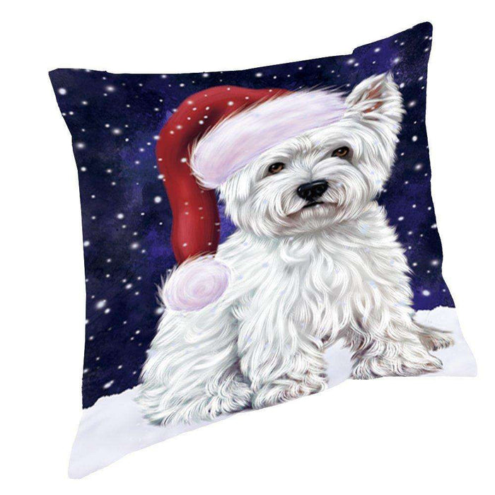 Let it Snow Christmas Holiday West Highland Terriers Dog Wearing Santa Hat Throw Pillow