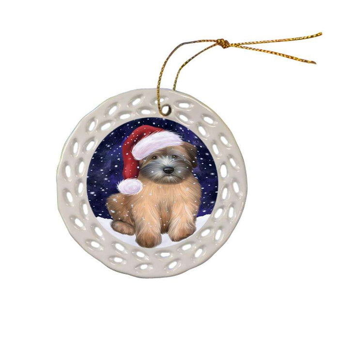 Let it Snow Christmas Holiday Wheaten Terrier Dog Wearing Santa Hat Ceramic Doily Ornament DPOR54333