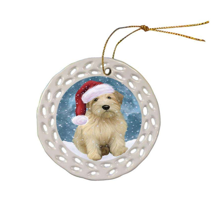 Let it Snow Christmas Holiday Wheaten Terrier Dog Wearing Santa Hat Ceramic Doily Ornament DPOR54334