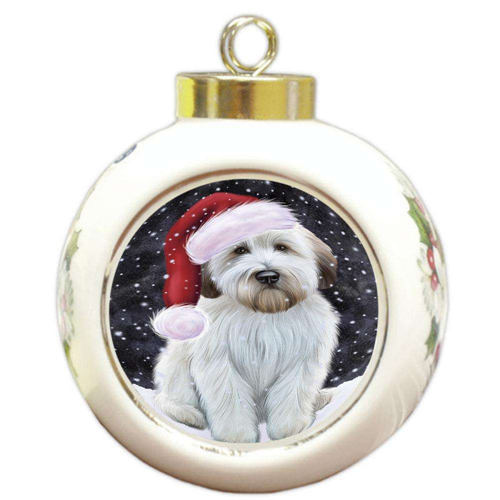 Let it Snow Christmas Holiday Wheaten Terrier Dog Wearing Santa Hat Round Ball Christmas Ornament RBPOR54332