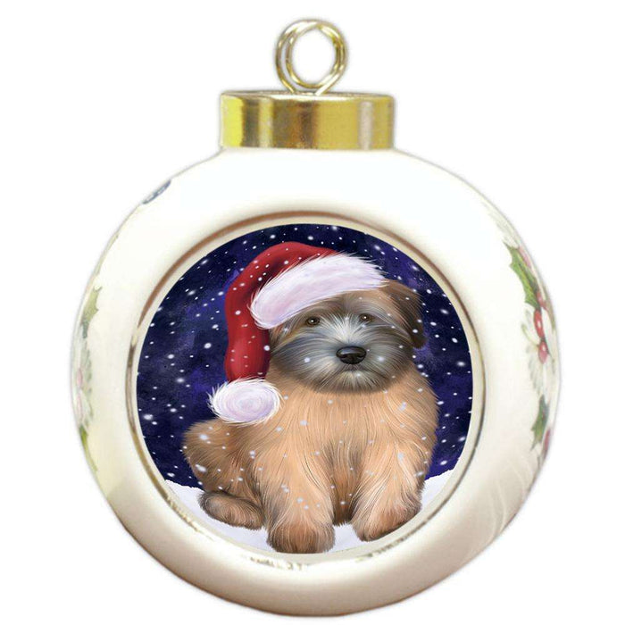 Let it Snow Christmas Holiday Wheaten Terrier Dog Wearing Santa Hat Round Ball Christmas Ornament RBPOR54333