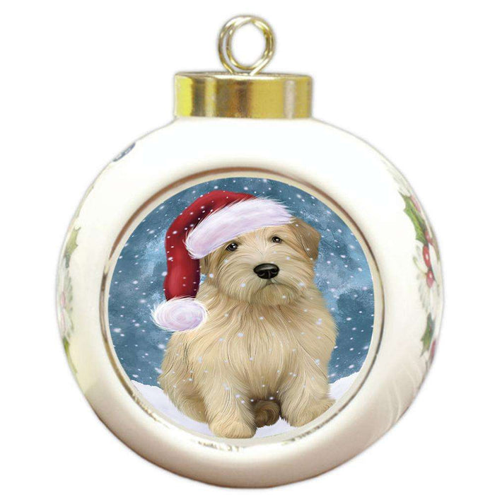 Let it Snow Christmas Holiday Wheaten Terrier Dog Wearing Santa Hat Round Ball Christmas Ornament RBPOR54334