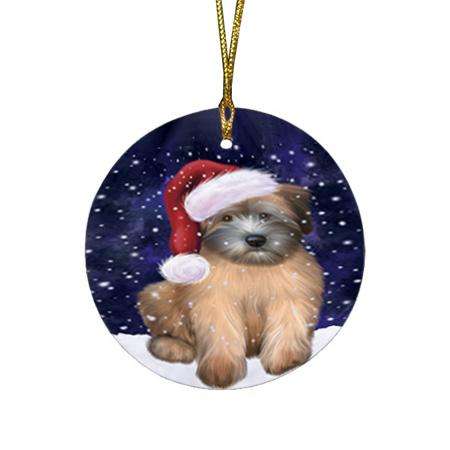 Let it Snow Christmas Holiday Wheaten Terrier Dog Wearing Santa Hat Round Flat Christmas Ornament RFPOR54324