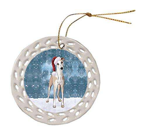 Let it Snow Christmas Holiday Whippet Dog Wearing Santa Hat Ceramic Doily Ornament D040