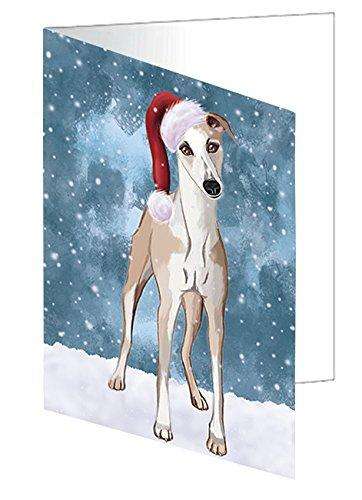 Let it Snow Christmas Holiday Whippet Dog Wearing Santa Hat Handmade Artwork Assorted Pets Greeting Cards and Note Cards with Envelopes for All Occasions and Holiday Seasons D354