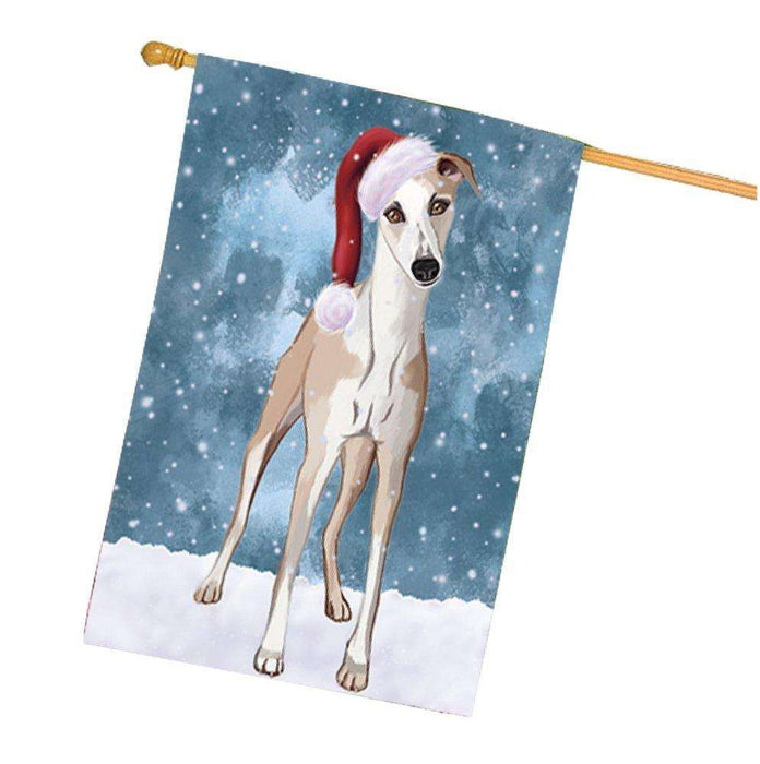 Let it Snow Christmas Holiday Whippet Dog Wearing Santa Hat House Flag