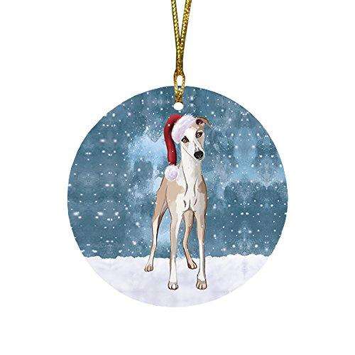 Let it Snow Christmas Holiday Whippet Dog Wearing Santa Hat Round Ornament D248