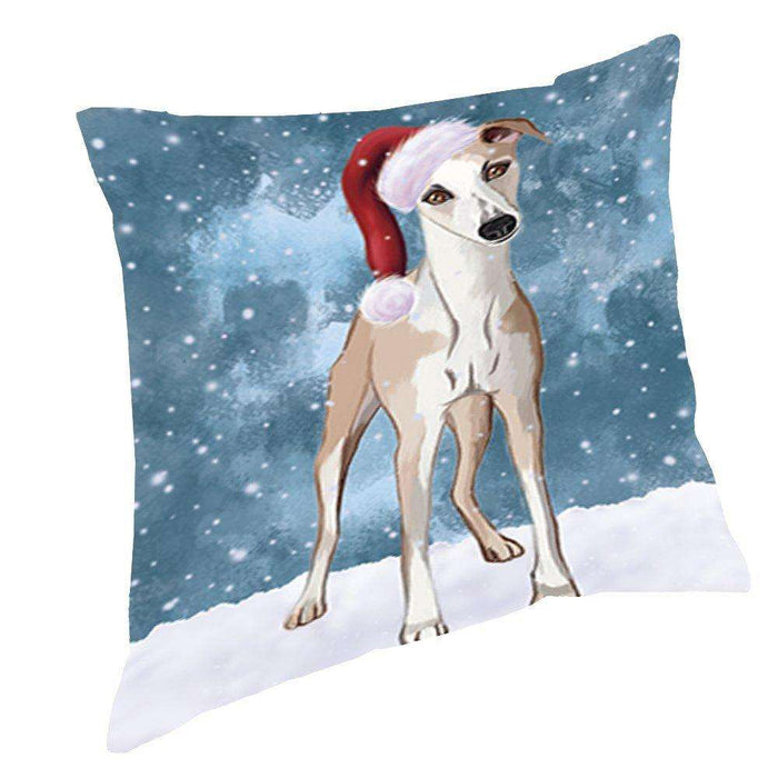 Let it Snow Christmas Holiday Whippet Dog Wearing Santa Hat Throw Pillow D406